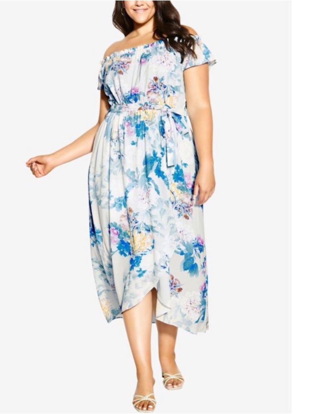 City Chic kiku floral Off-Shoulder belted Midi Dress in Light Blue Sz 18 New